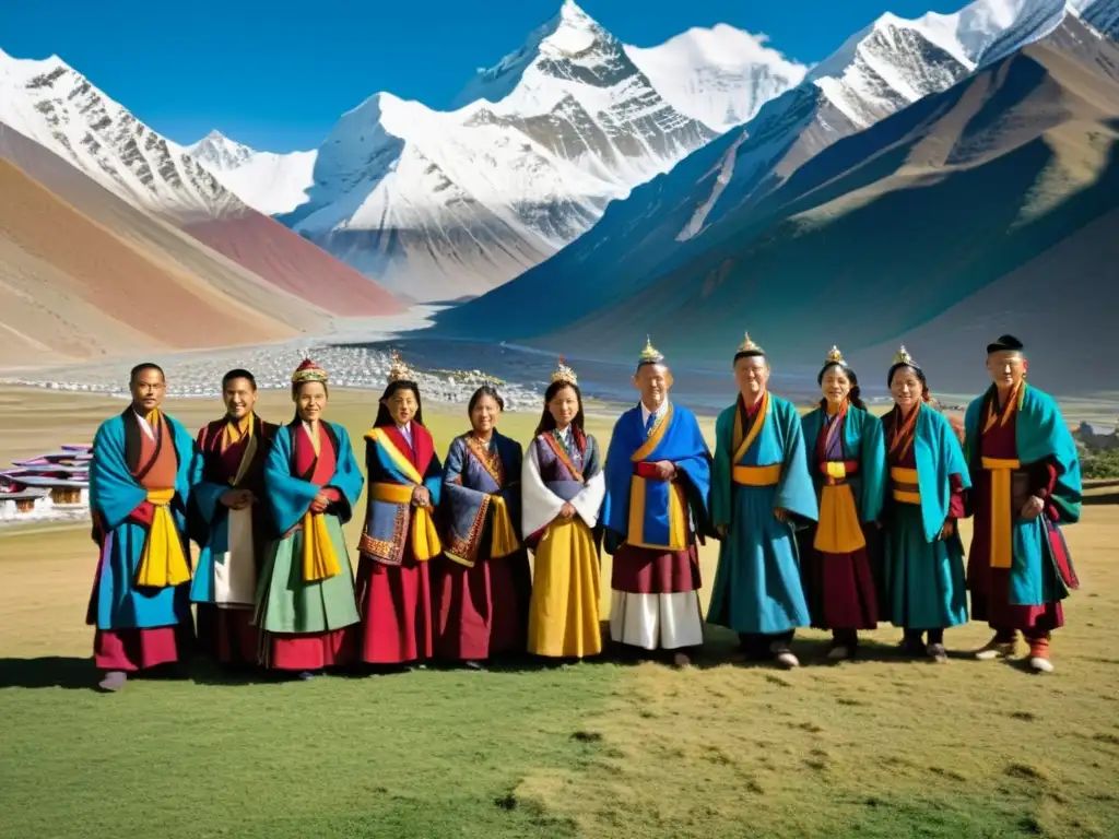 Un grupo de tibetanos viste moda tradicional tibetana impacto cultural frente a un monasterio en el Himalaya, con impresionante paisaje de fondo