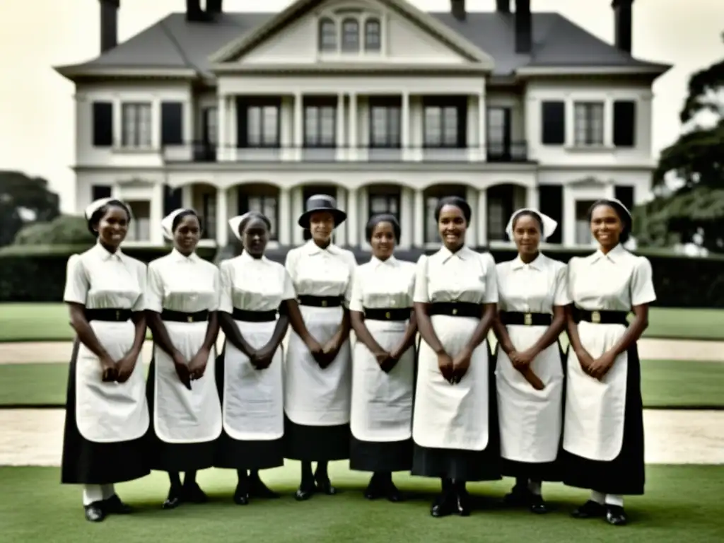 Grupo de trabajadoras domésticas de principios del siglo XX posando frente a una mansión, destacando la relación entre servicio doméstico y moda