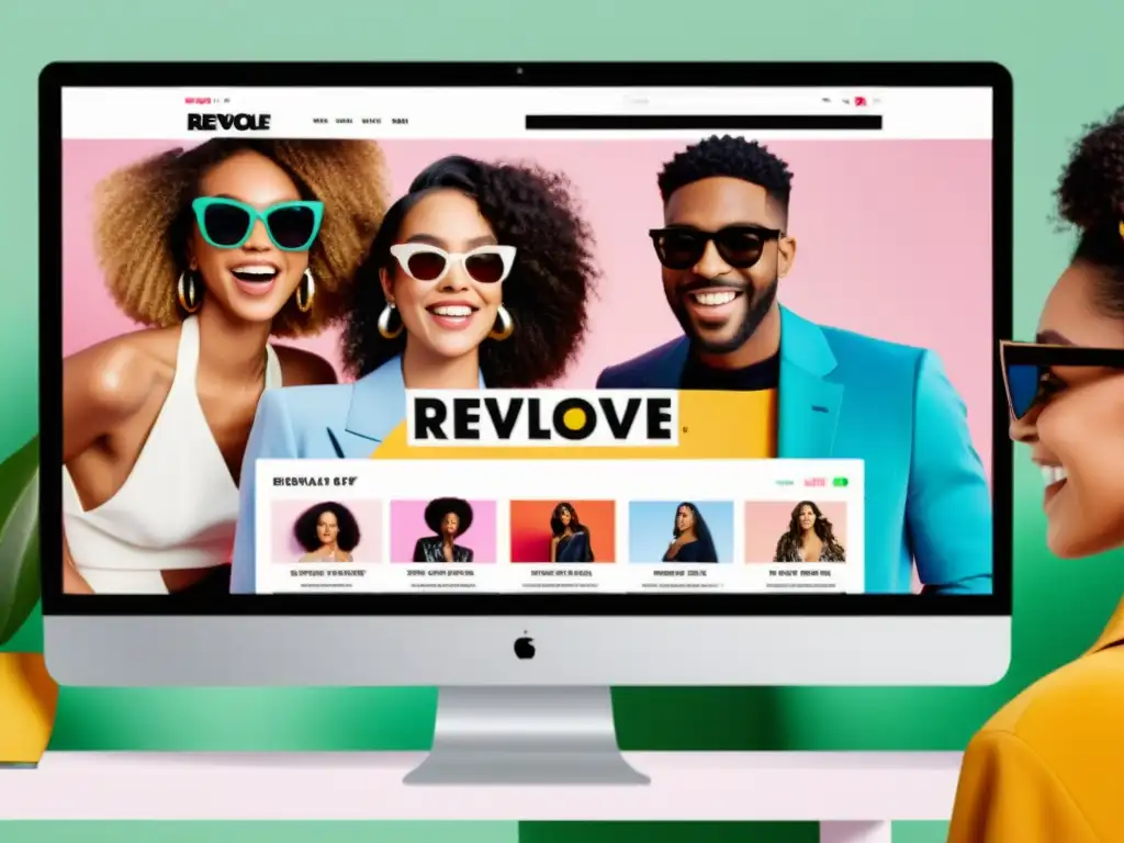 Grupo de millennials explorando las últimas tendencias de moda en el sitio web de Revolve, reflejando su emoción genuina