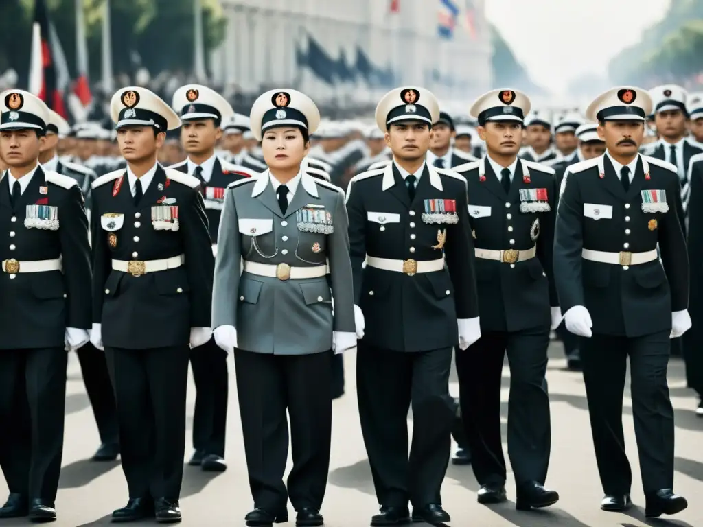 Grupo marchando con determinación y uniformes militares, reflejando control estilístico en regímenes totalitarios