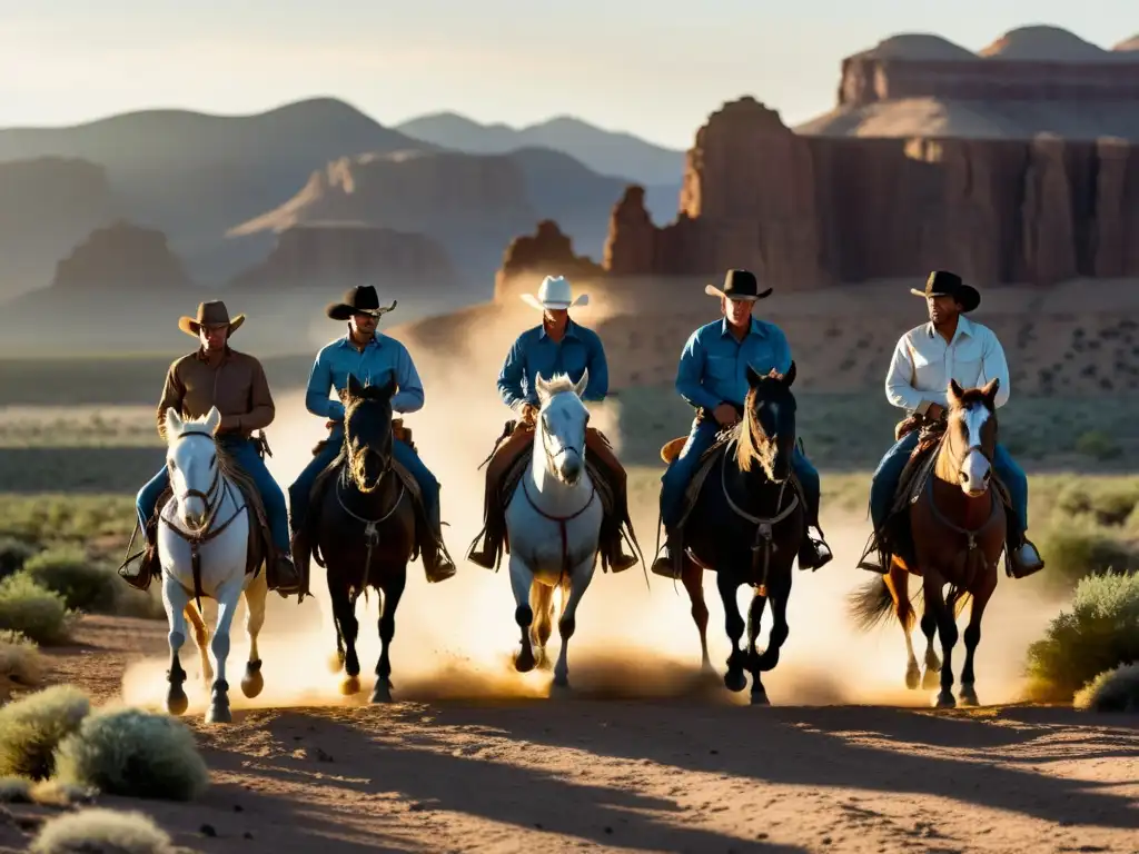 Grupo de vaqueros americanos montando a caballo en un paisaje desértico, capturando la esencia del origen del vaquero americano como moda