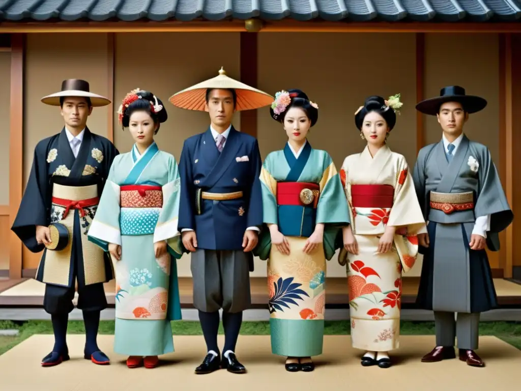 Grupo vestido moda Meiji, fusionando estilos tradicionales japoneses con influencias occidentales, reflejando la era Meiji en Japón