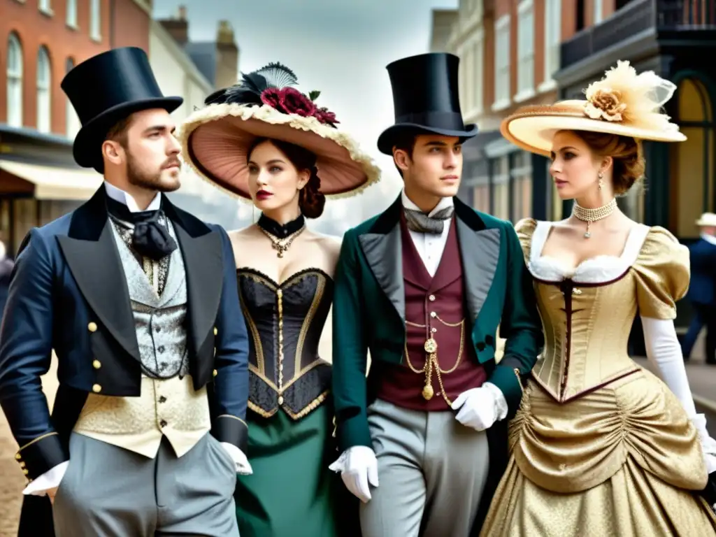 Grupo vestido con moda victoriana en la ciudad, resurgimiento de la moda victoriana