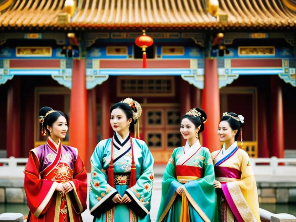 Grupo luciendo vestimenta tradicional china hanfu frente a arquitectura clásica, expresando orgullo cultural y tradición