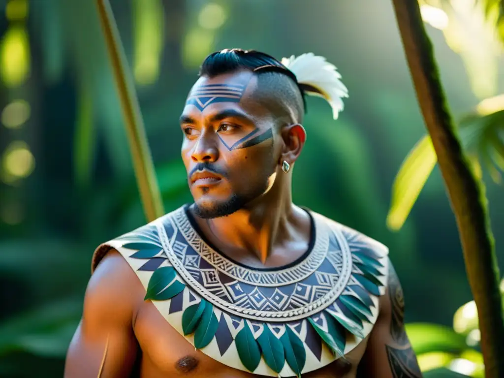 Un guerrero maorí orgulloso, vistiendo un kahu huruhuru con intrincados diseños y plumas, destaca en el exuberante bosque de Nueva Zelanda