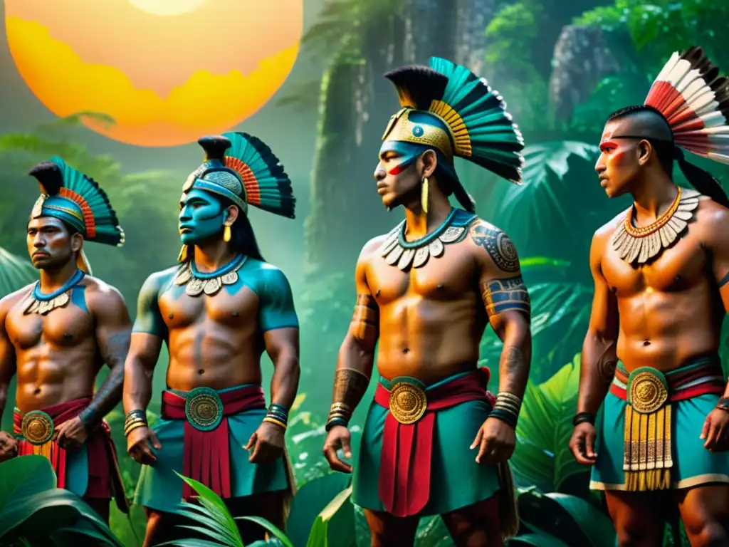 Guerreros mayas adornados con pintura corporal en la historia, listos para la batalla en la exuberante selva