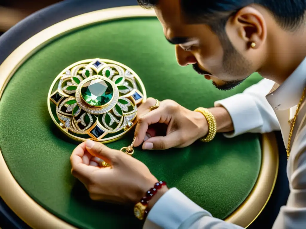 Un hábil artesano crea un collar de lujo con diamantes, fusionando tradición y modernidad