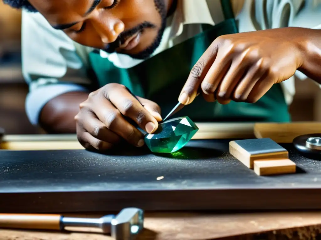 Un hábil artesano corta y pule con precisión una piedra preciosa bruta, rodeado de herramientas en la industria de la joyería