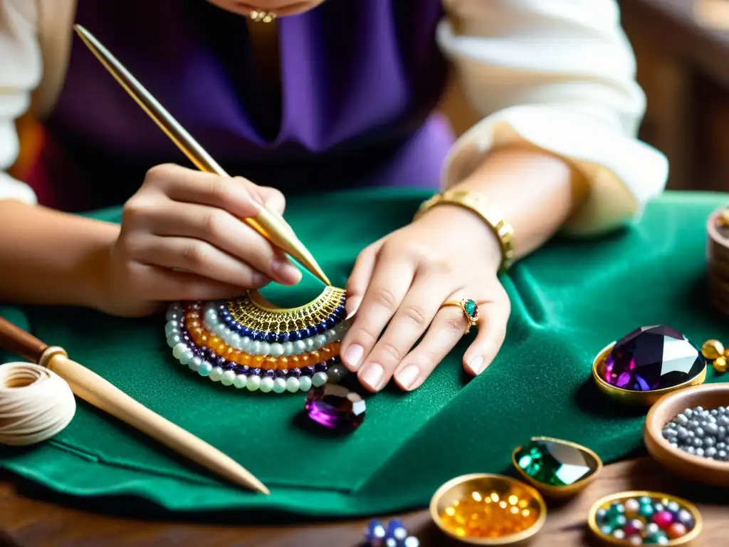 Un hábil artesano crea con delicadeza joyería única, rodeado de gemas y herramientas