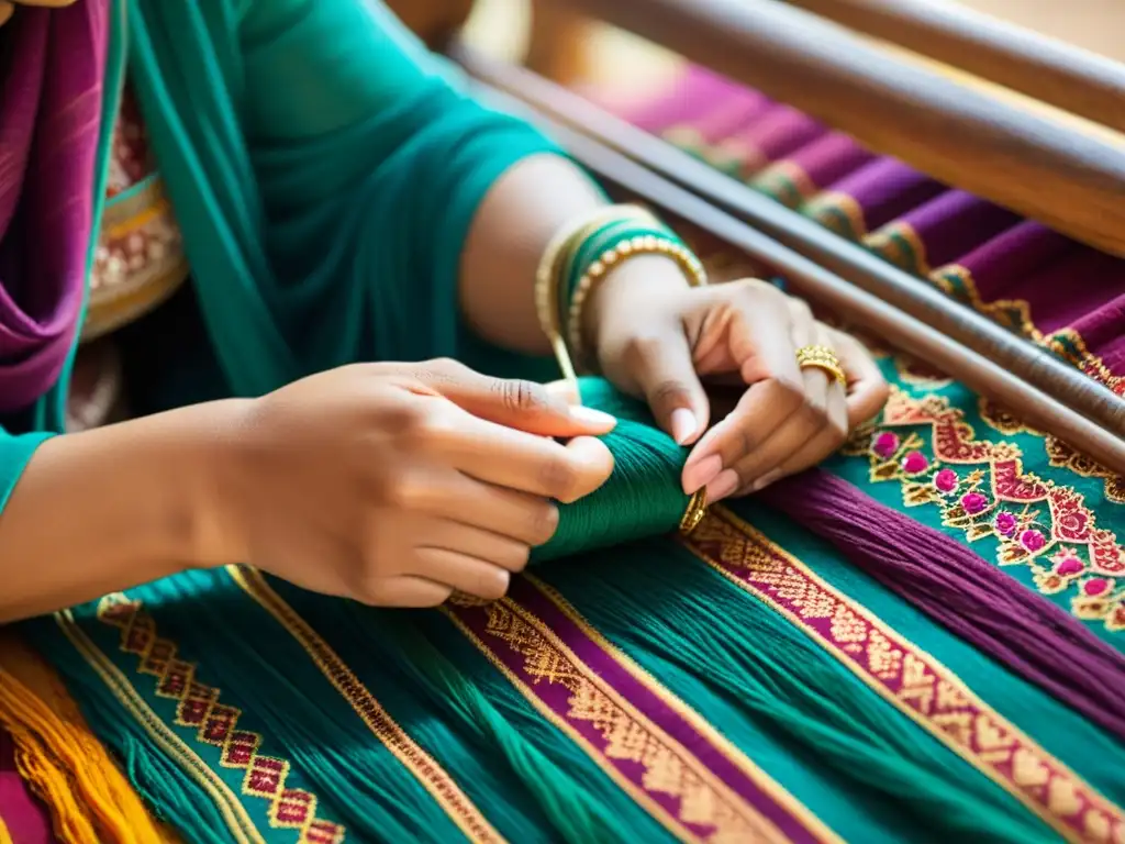 Un hábil artesano en la India teje patrones intricados en una pashmina vibrante con técnicas tradicionales