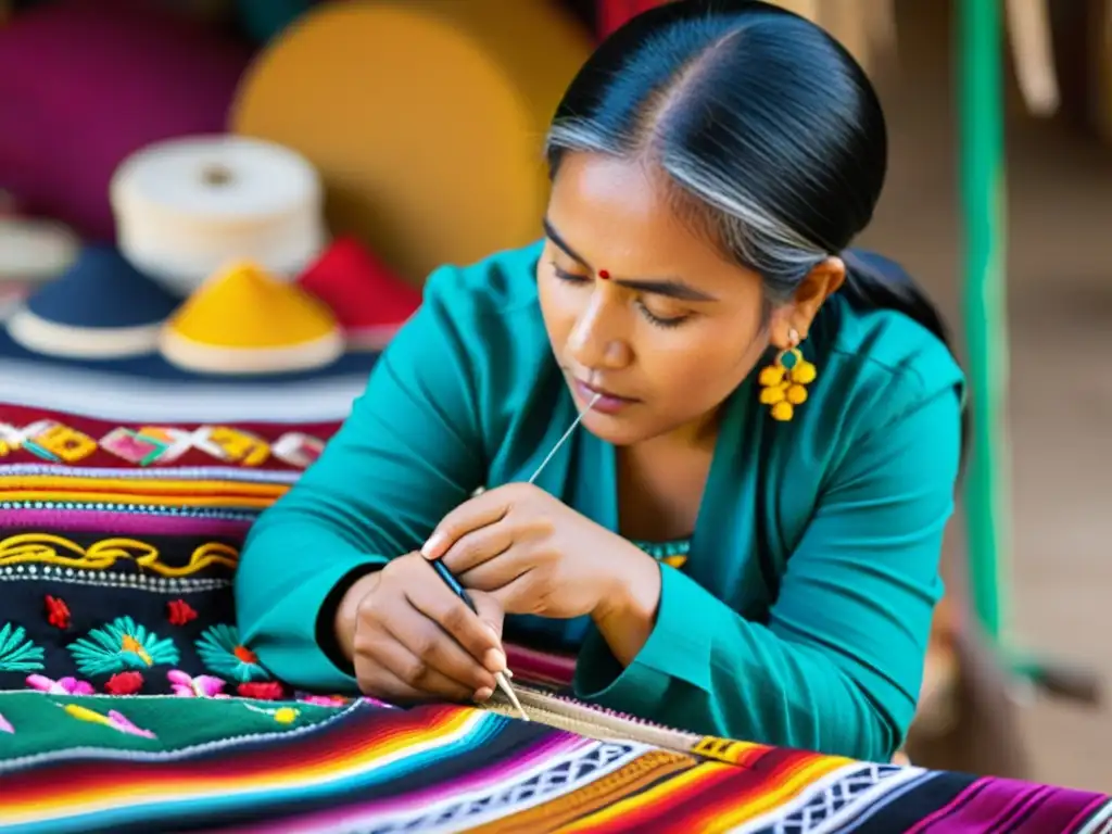 Un hábil artesano indígena bordando con cuidado un textil tradicional rodeado de hilos y patrones coloridos