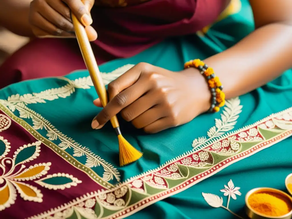 Un hábil artesano indio pintando diseños intrincados en una tela con la técnica tradicional Kalamkari