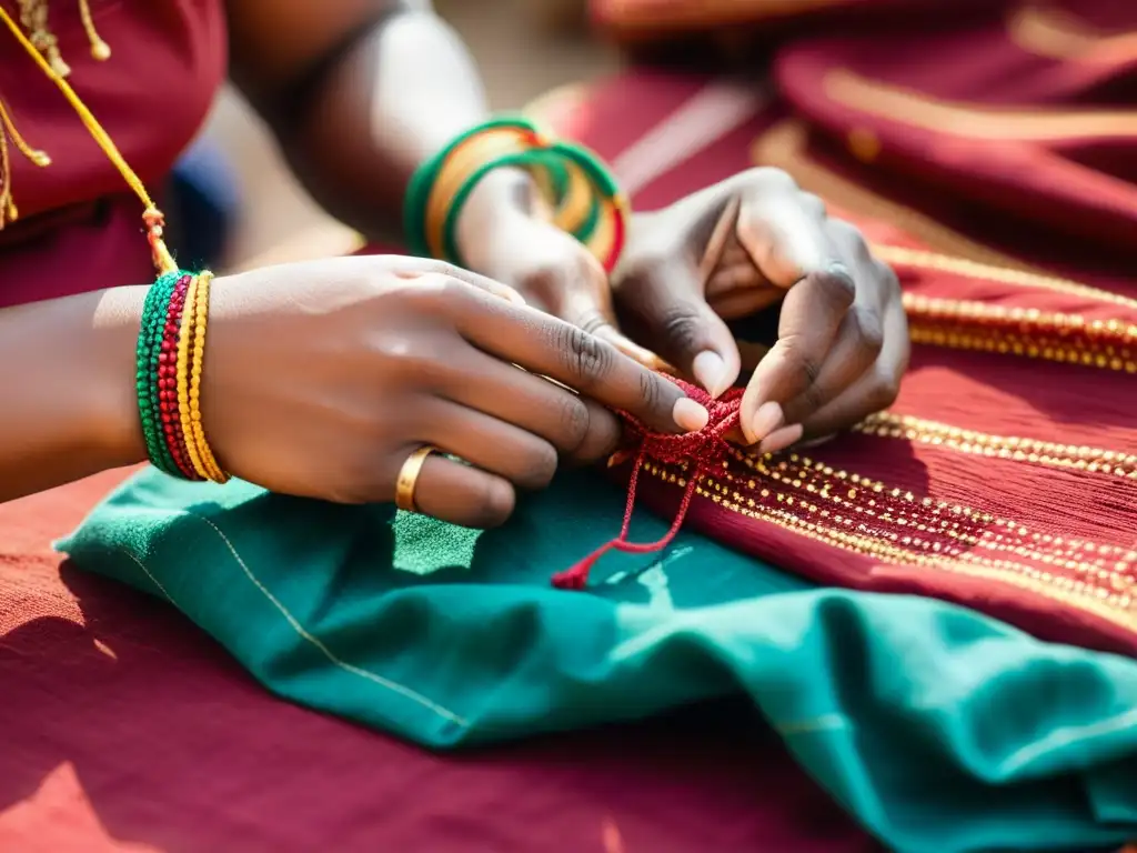 Un hábil artesano indio realiza meticulosos nudos en una tela para el tradicional arte de Bandhani