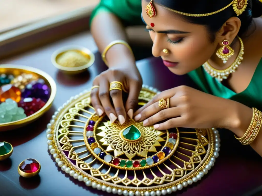 Un hábil artesano indio elabora joyería tradicional rodeado de gemas y detalles ornamentales