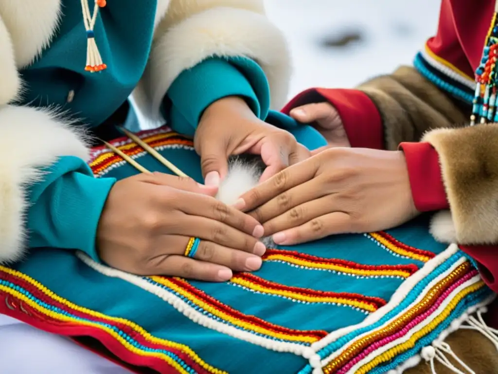 Un hábil artesano Inuit con manos adornadas crea moda tradicional Inuit Ártico con meticulosa costura y detalles vibrantes