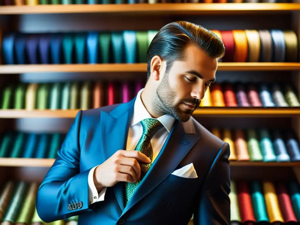 Un hábil artesano crea meticulosamente una lujosa corbata de seda con patrones e colores vibrantes, en una batalla por la elegancia masculina