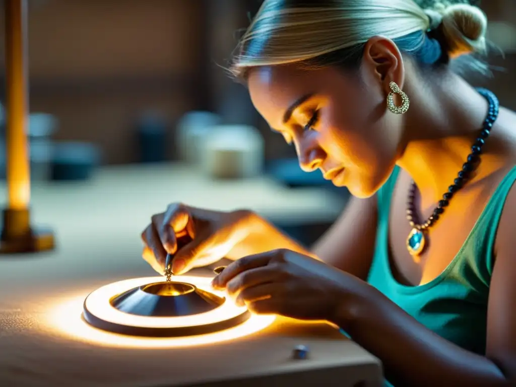 Un hábil artesano crea con concentración una lujosa joya de diamantes en un taller iluminado