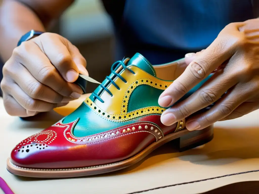 Un hábil artesano cose a mano un vibrante zapato Manolo Blahnik, fusionando innovación y tradición artesanal