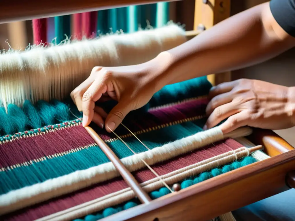 Un hábil artesano teje con sus manos hilos de lana de alpaca y algodón en un telar de madera, resaltando la artesanía ancestral y la belleza de los materiales olvidados que regresan a la moda