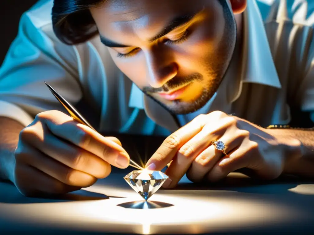 Un hábil joyero examina con cuidado un exquisito diamante bajo una intensa luz, revelando su belleza y claridad impecables