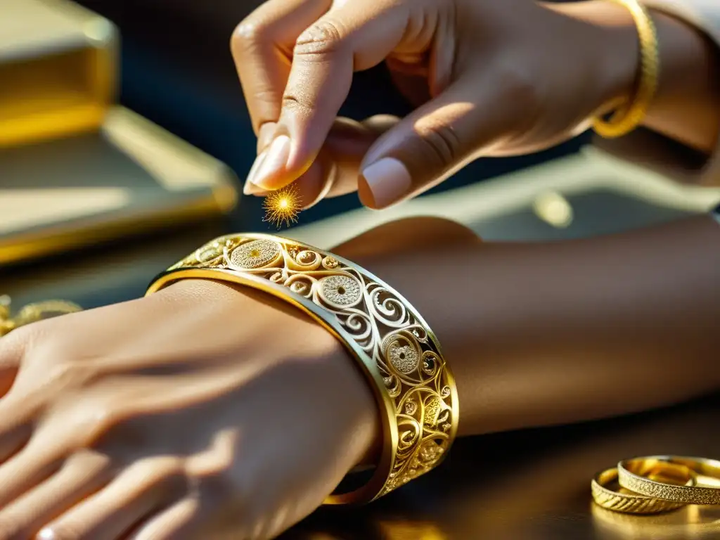 Un hábil joyero talla patrones en un brazalete de oro, fusionando tradición y modernidad en una obra de arte de lujo