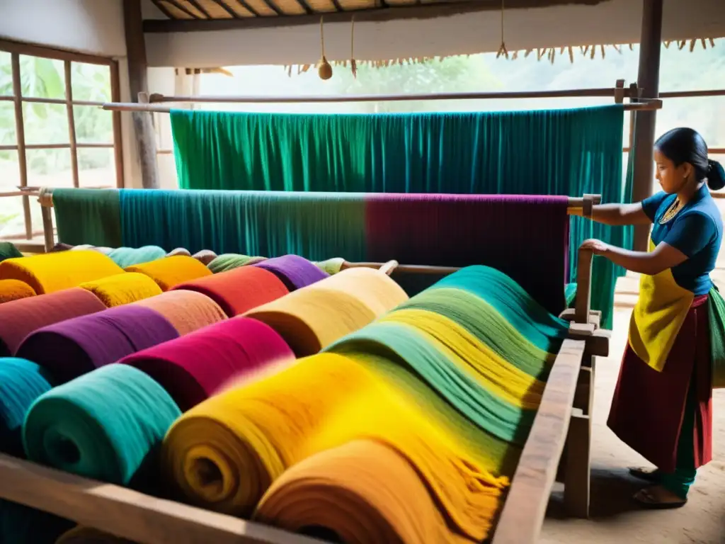 Hábiles artesanos en taller de tejidos, tiñen telas con tintes naturales, resaltando la coloración textil con tintes naturales