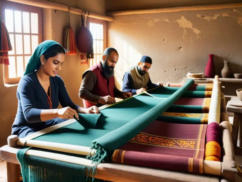 Hábiles artesanos preservando técnicas ancestrales en la moda del Oriente, tejiendo intrincados patrones en vibrantes telas