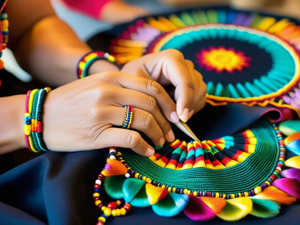 Las hábiles manos de una artesana Otomí bordando con técnica tradicional, reflejando la moda y colores vibrantes de la cultura Otomí