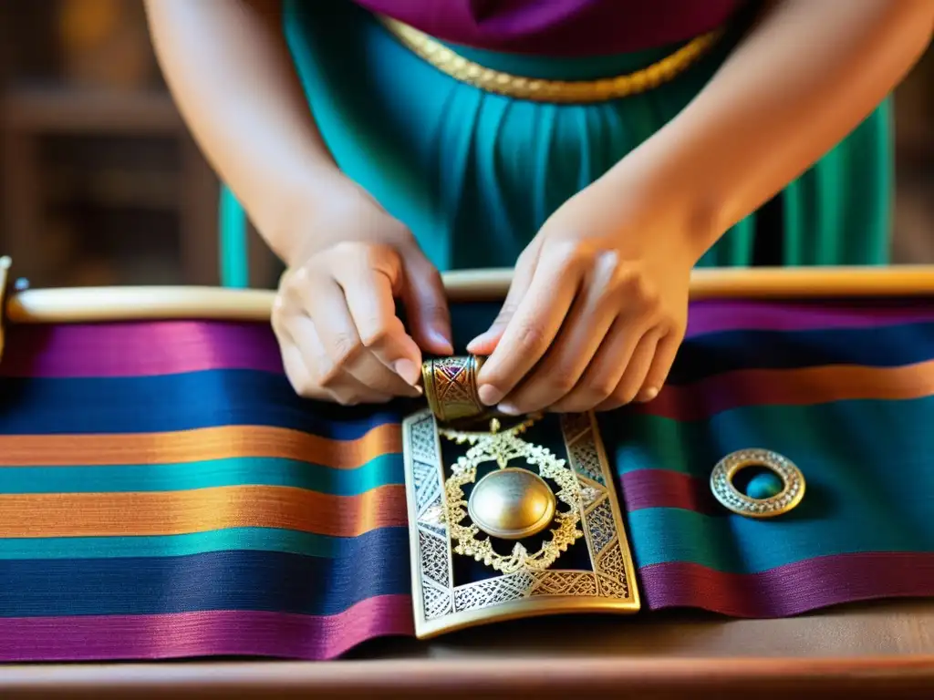 Las hábiles manos de un artesano tejen un colorido cinturón del Medio Oriente, destacando la artesanía de la vestimenta tradicional