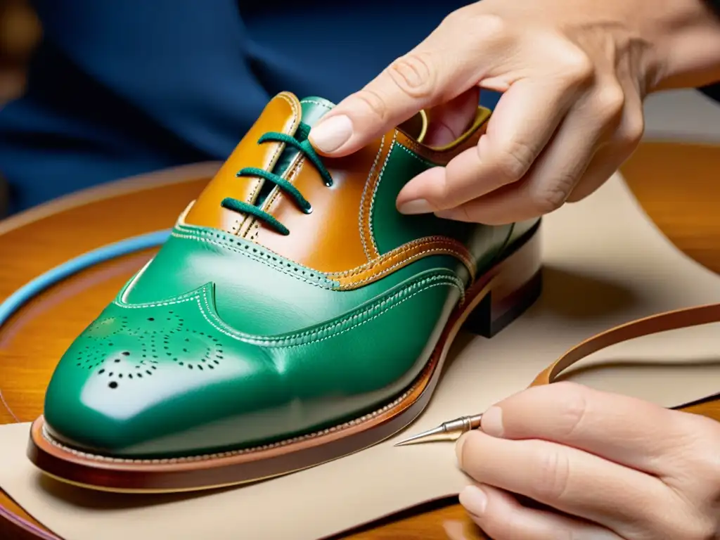 Las hábiles manos de un artesano cosiendo unos zapatos Manolo Blahnik, destacando la innovación y tradición en su creación