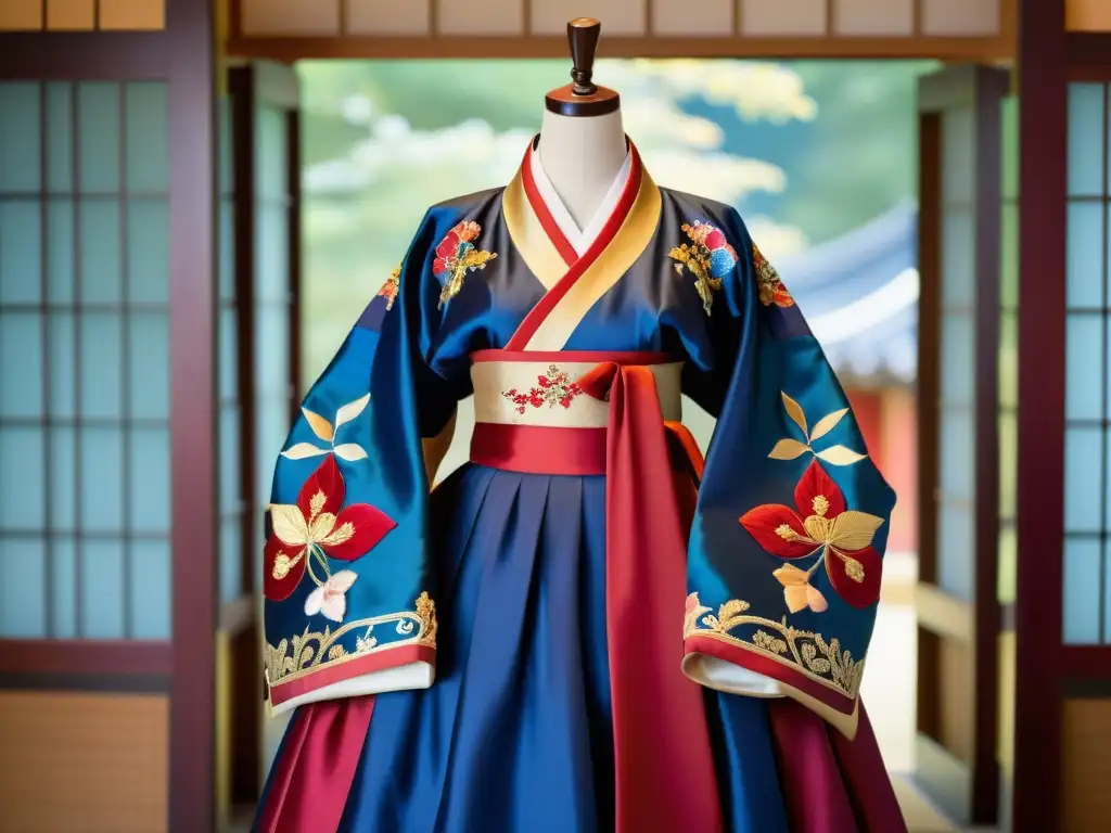 Un hanbok coreano tradicional en maniquí, con bordados intrincados y colores vibrantes