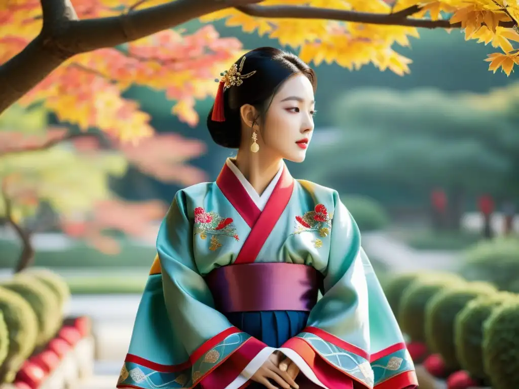 Un hanbok tradicional coreano con influencia del Confucianismo, exhibido en un jardín sereno, con colores vibrantes y patrones intrincados