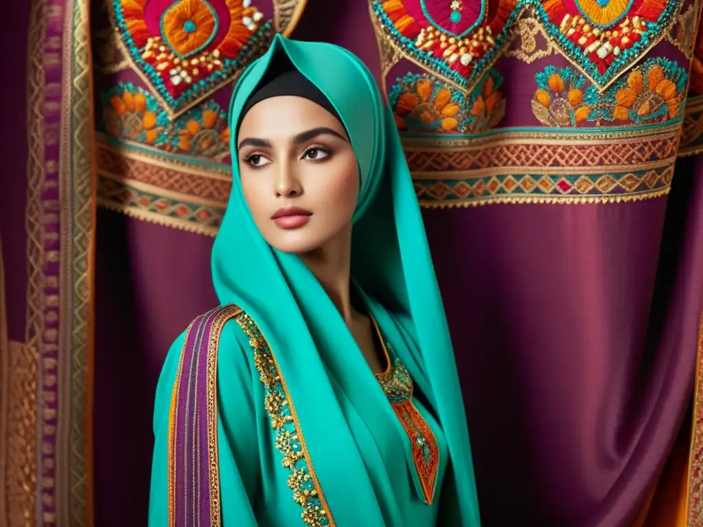 Una hermosa imagen de un hijab bordado, elegante y colorido, sobre un maniquí