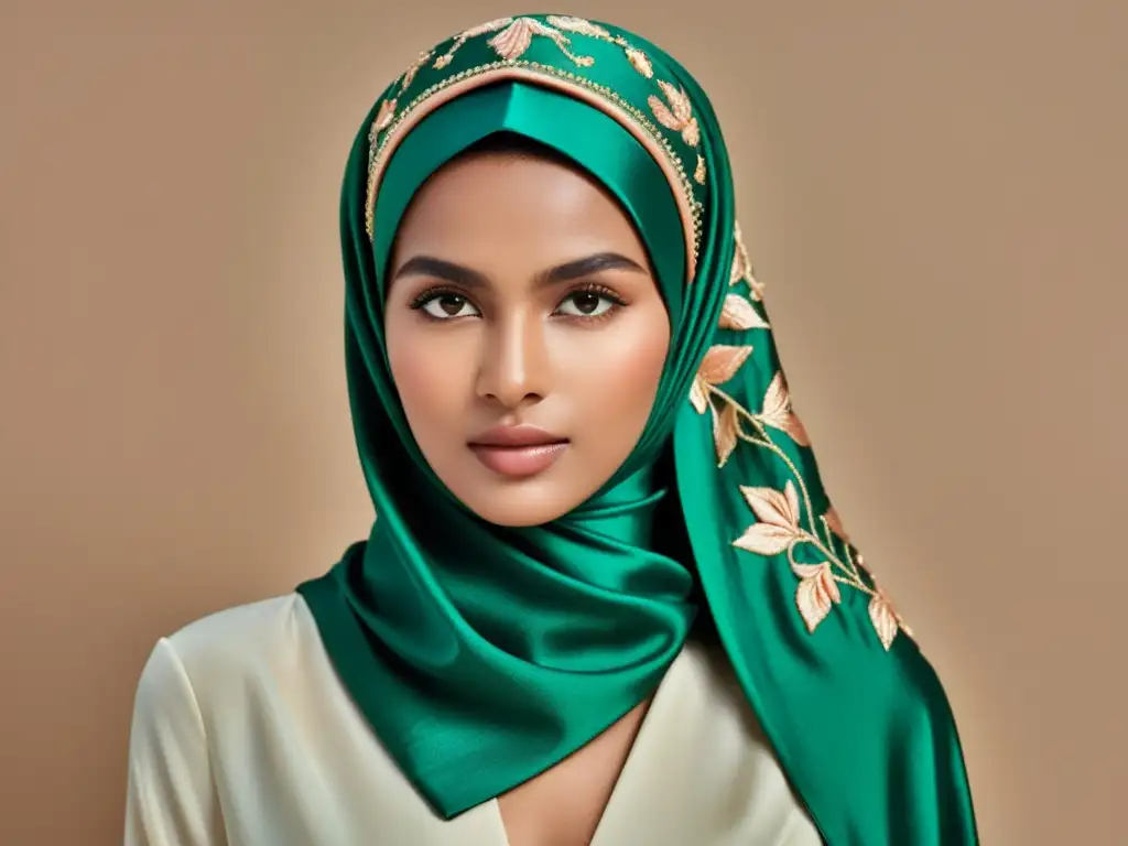 Un hijab de seda verde esmeralda, con delicados patrones florales y hilos metálicos brillantes, se muestra sobre un maniquí de tonos suaves