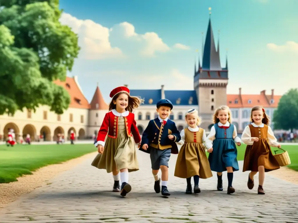 Historia de la moda infantil en Europa: niños jugando en un parque con ropa histórica, mostrando la evolución de la moda infantil europea