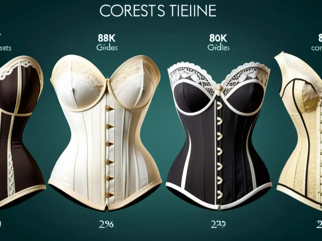Comparación histórica detallada entre corsés y fajas a lo largo de las eras, ilustrada en 8k