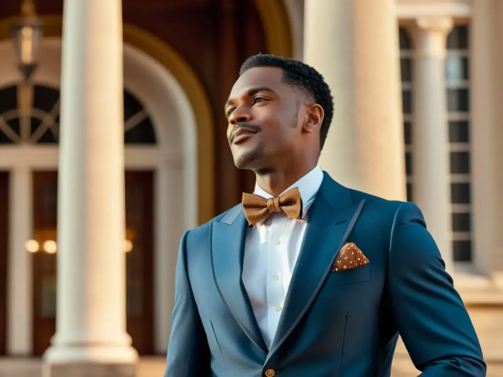 Un hombre elegante con un cigarro y whisky frente a un monumento histórico, en la batalla por la elegancia masculina