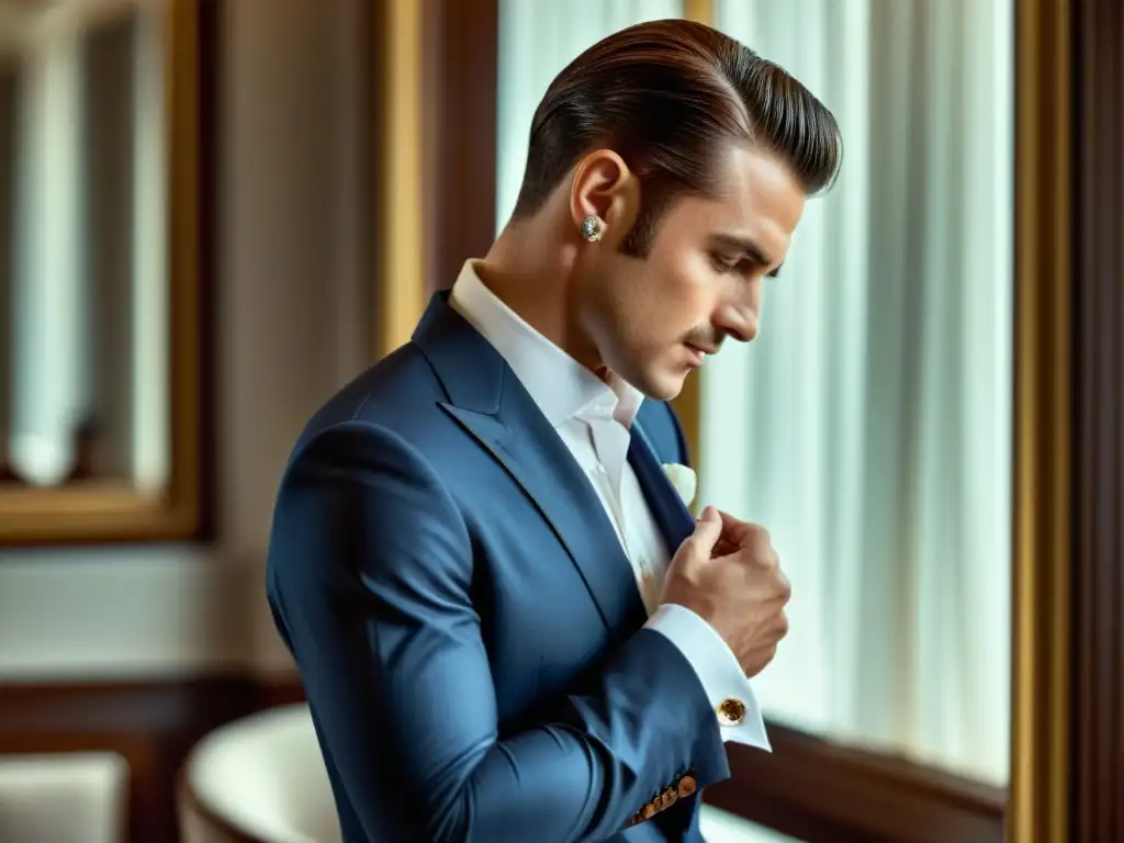 Un hombre elegante ajusta un gemelo de camisa frente a un espejo, evocando el legado Beau Brummell moda masculina con refinamiento atemporal