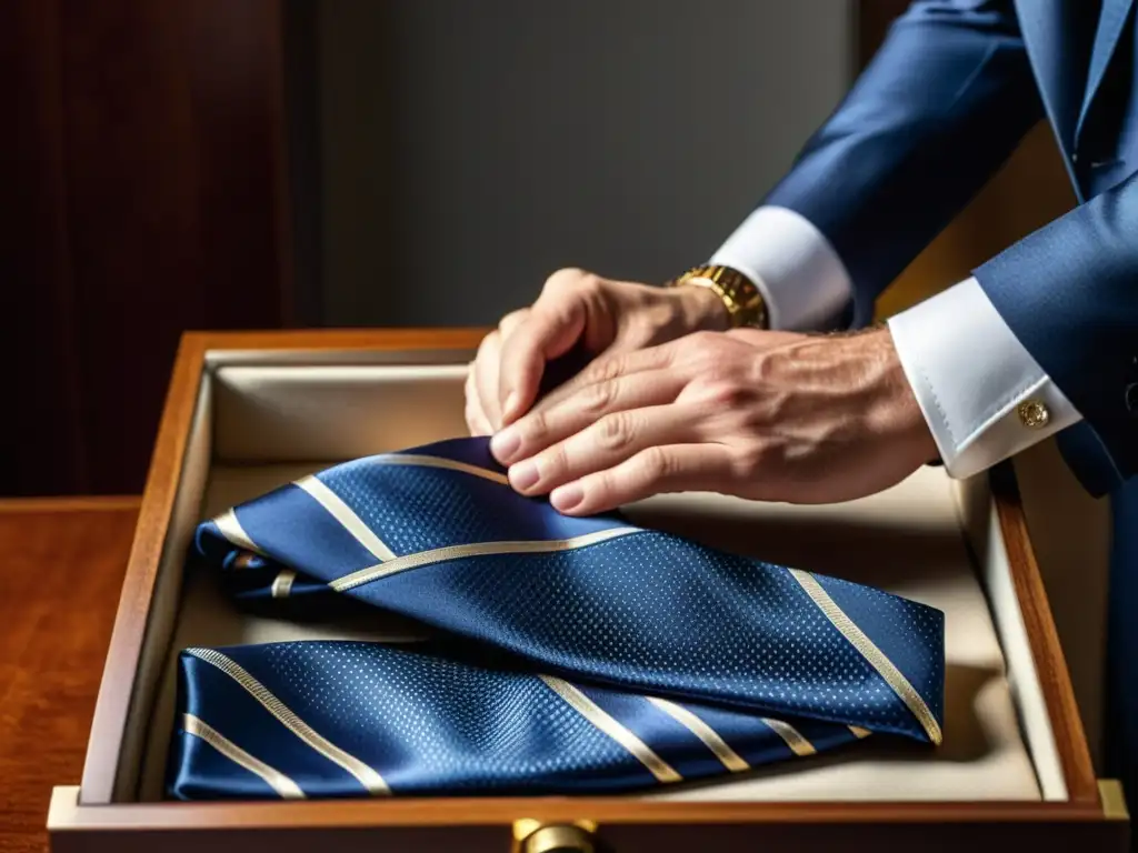 Un hombre elegante dobla cuidadosamente una lujosa corbata de seda en un cajón forrado de terciopelo, rodeado de accesorios impecablemente organizados