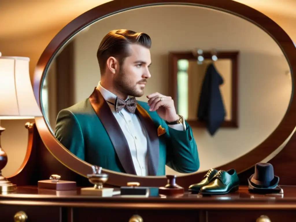Un hombre elegante ajusta su pajarita frente a un espejo, rodeado de una atmósfera de refinamiento y elegancia atemporal