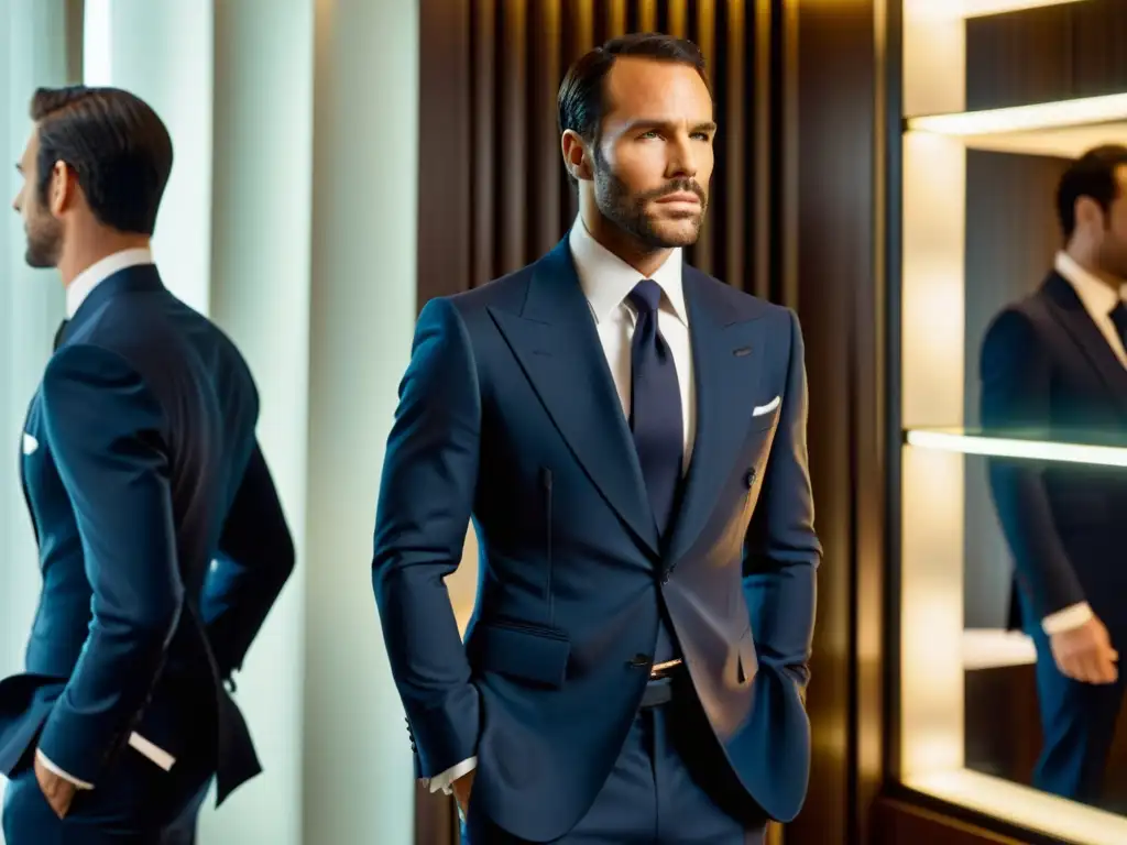 Un hombre elegante ajusta su traje Tom Ford frente al espejo, capturando la esencia del traje sartorial Tom Ford historia