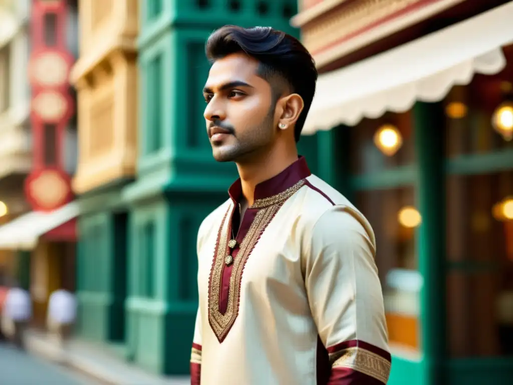 Un hombre indio lleva un elegante kurta con intrincados detalles, en el vibrante paisaje de la moda masculina india