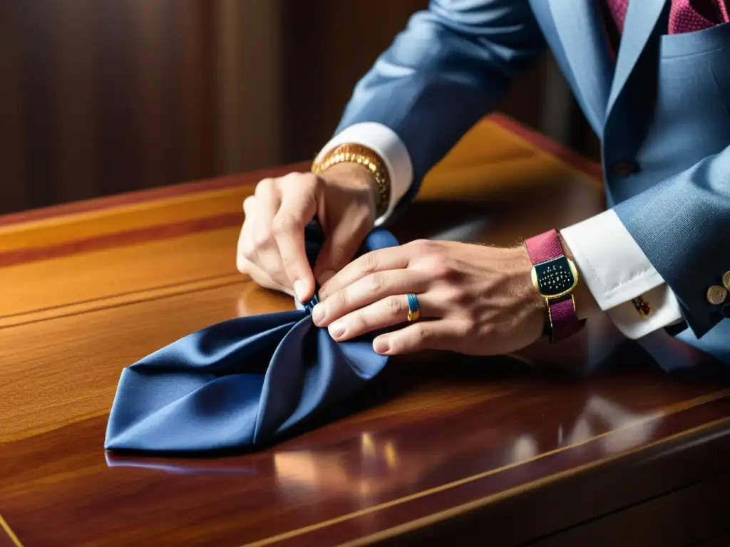 Un hombre sofisticado ajusta su corbata de seda en un ambiente elegante