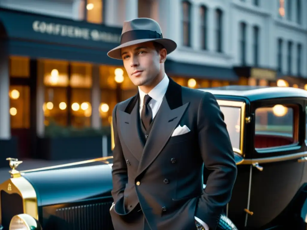 Un hombre elegantemente vestido en un traje a medida de los años 20, parado frente a un clásico coche vintage