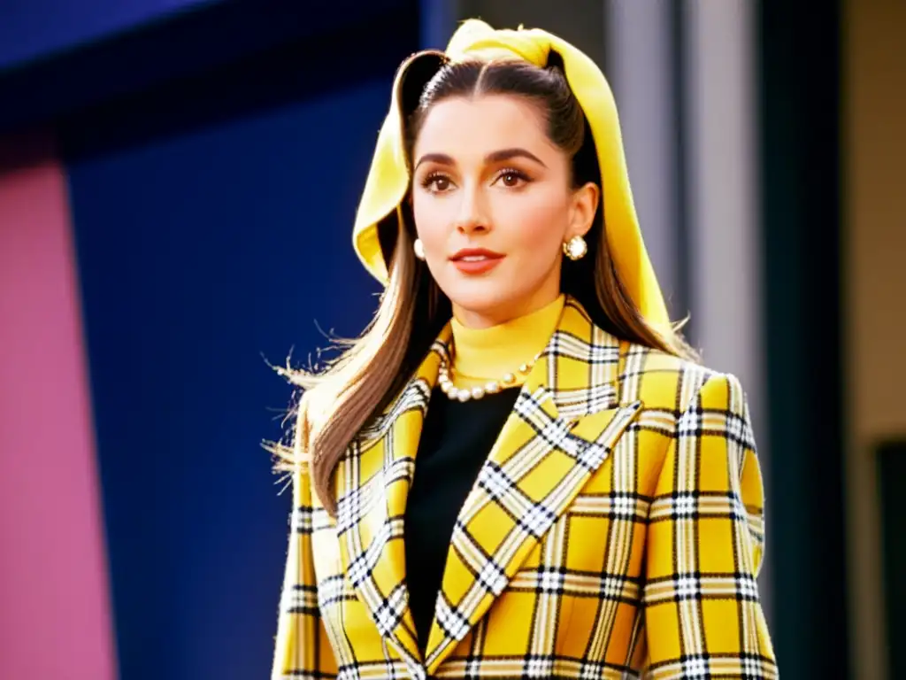 Cher Horowitz estilo moda influencia: Detalle lujoso del traje de cuadros amarillo de Cher Horowitz, resaltando su influencia en la moda