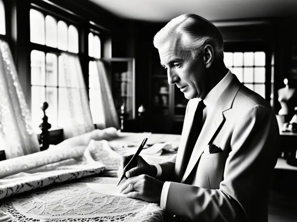 Hubert de Givenchy inmerso en su atelier parisino, rodeado de lujosas telas y bocetos de sus diseños icónicos