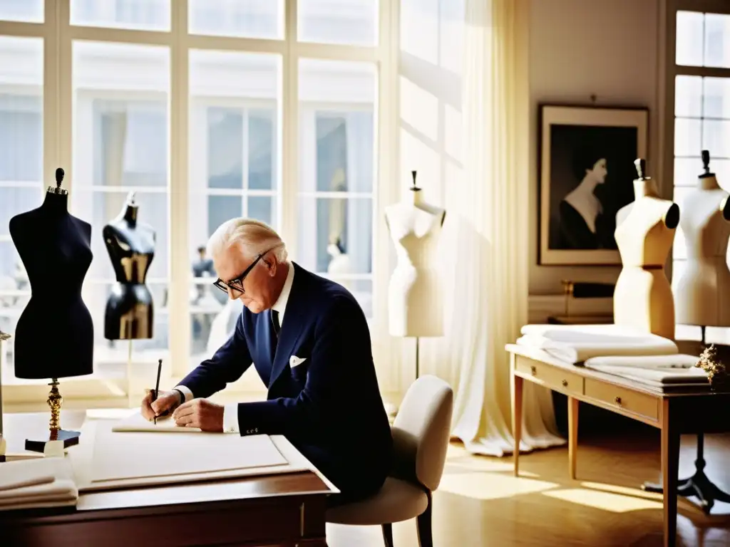 Hubert de Givenchy inmerso en la creación de moda, rodeado de telas lujosas y maniquíes elegantes en su atelier