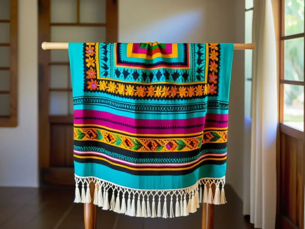 Un huipil mexicano bordado con colores vibrantes y patrones complejos, junto a un rebozo tejido a mano