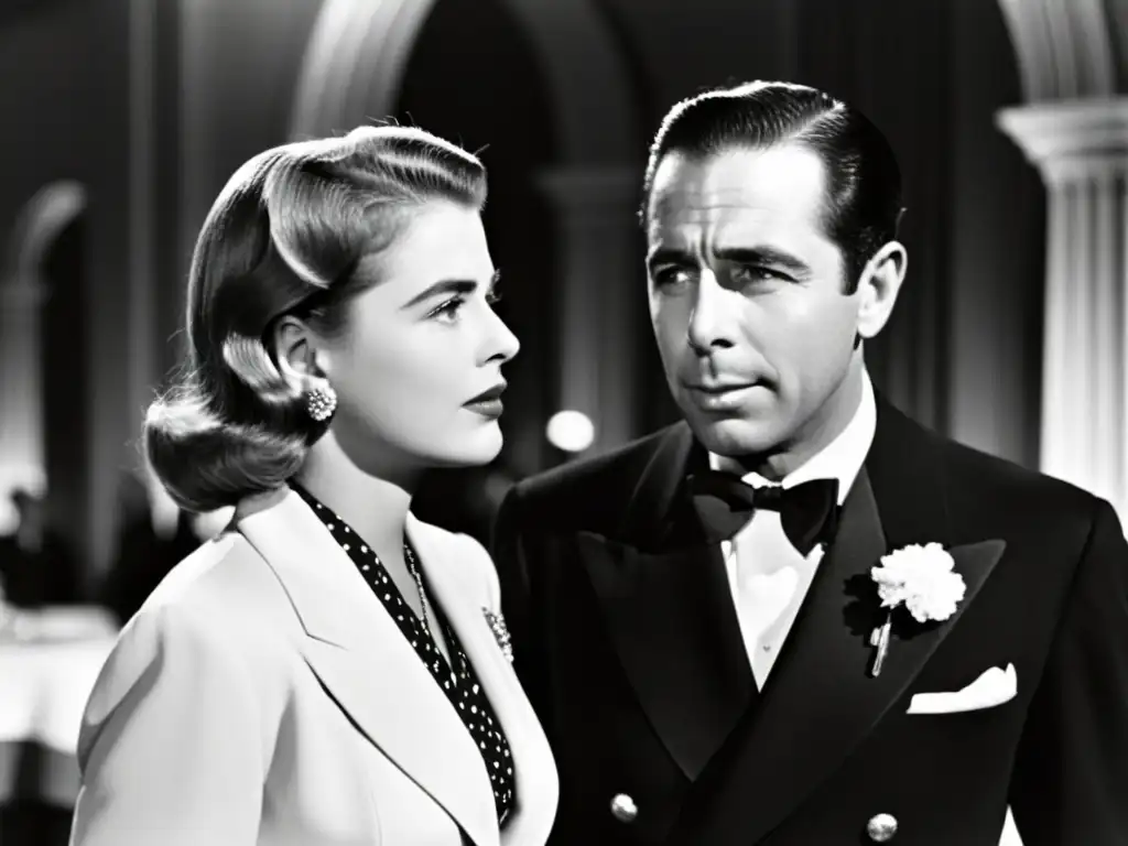 Ingrid Bergman y Humphrey Bogart en trajes icónicos de Casablanca, radiando glamour intemporal en una escena clásica de la película