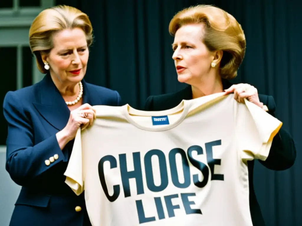 Katharine Hamnett presenta su icónica camiseta 'CHOOSE LIFE' al Primer Ministro Británico en 1984, destacando el impacto cultural de la moda